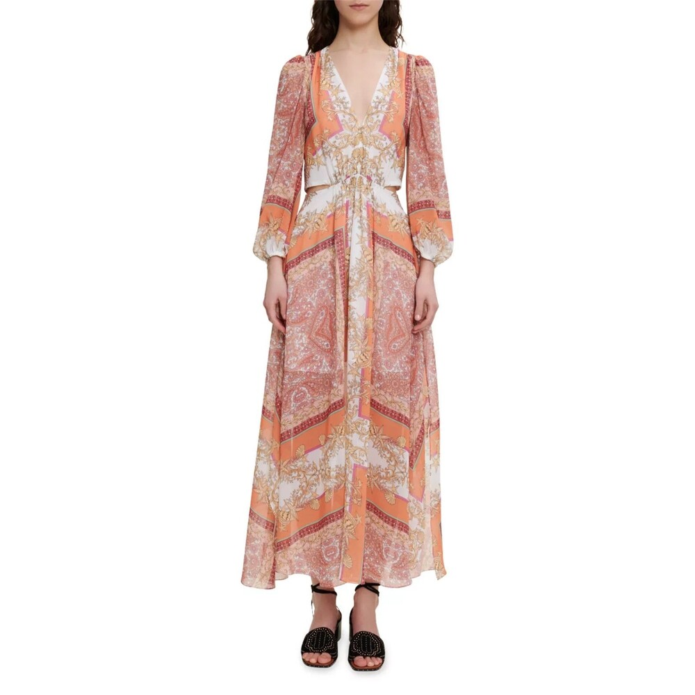 Maje Roquillage Scarf Print Maxi Dress size 40 Fr (US 8) cutouts